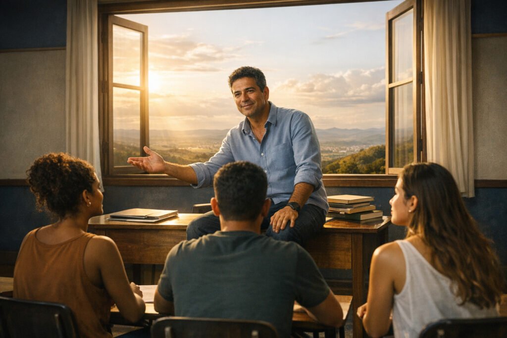 Homem orienta um grupo em ambiente de formação, representando liderança, desenvolvimento humano e propósito.