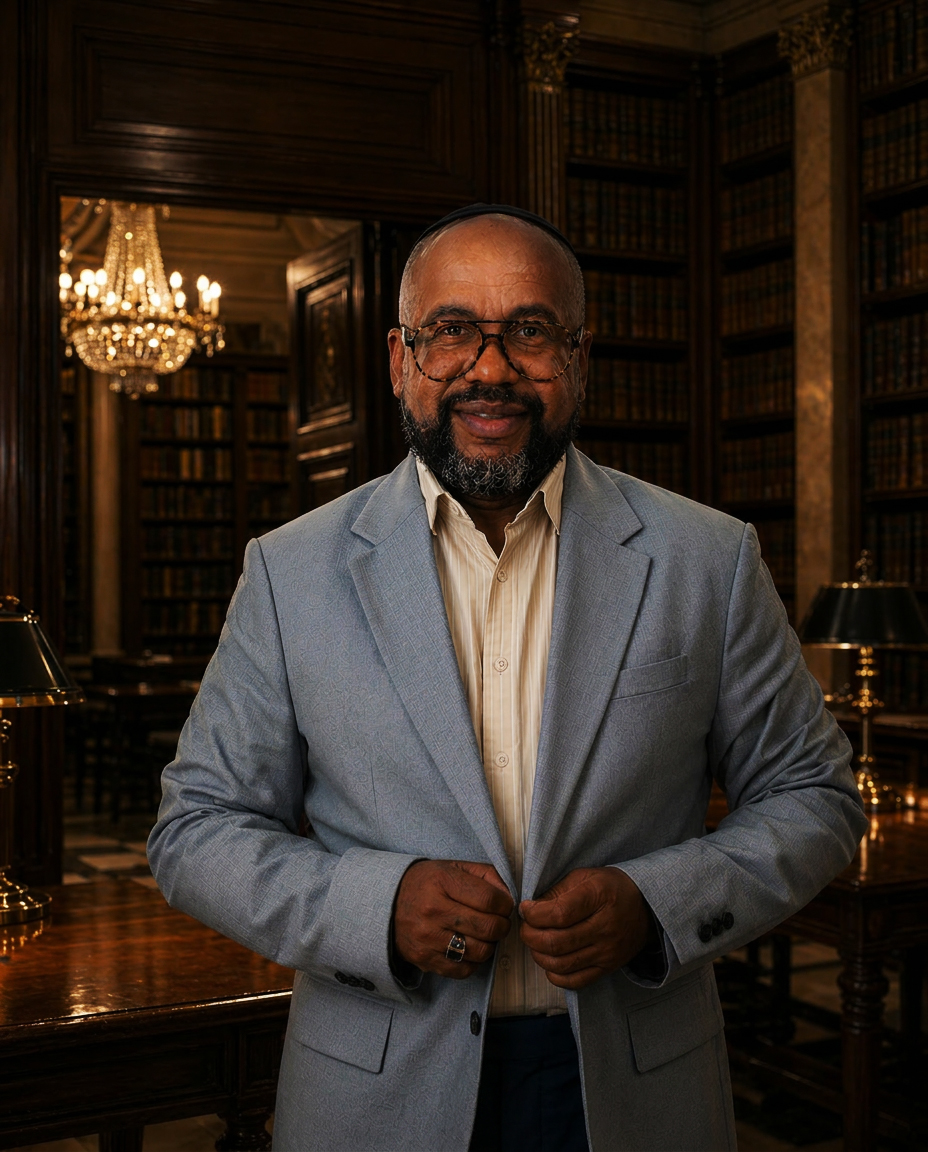 Rodrigo Lúcio em retrato institucional em biblioteca, ligado à espiritualidade, pensamento e desenvolvimento humano.