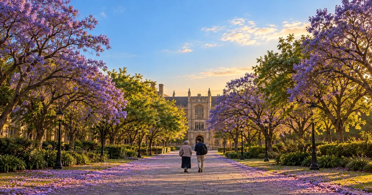 Uma mulher de cabelos grisalhos, com livros sob o braço, e um jovem adulto caminham lado a lado por uma alameda arborizada na primavera, com jacarandás floridos, vistos de costas, ao fim da tarde.